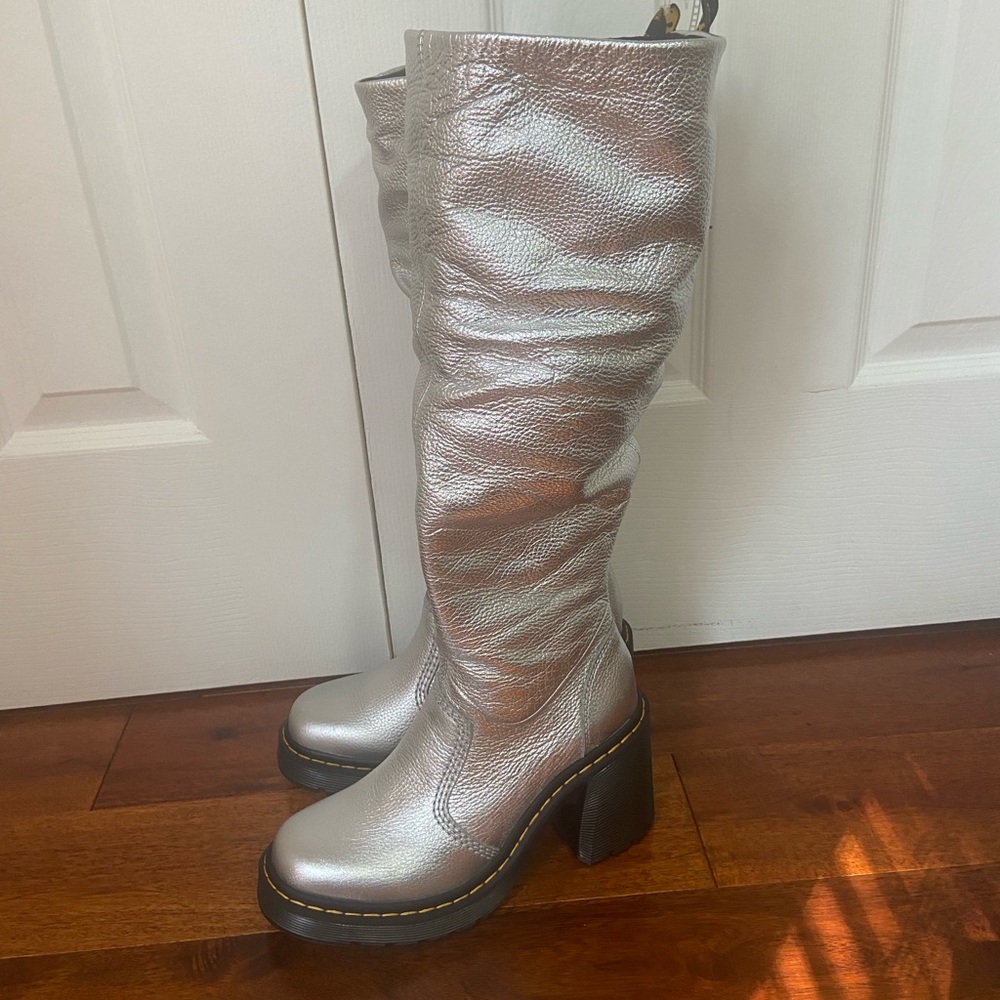 Dr. Martens Silver Metallic Knee-High Heeled Boots - Picture 2 of 14